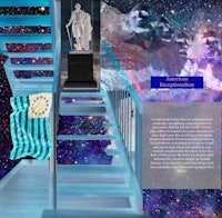 an image of a blue staircase with a statue in the background