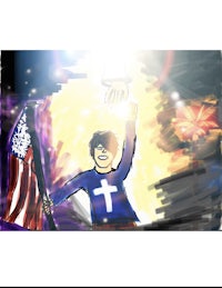 a drawing of a man holding up an american flag