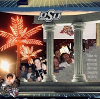 a collage of people in front of a building with a palm tree