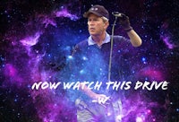 a man holding a golf club with the words now watch this drive